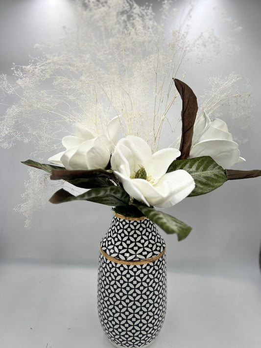11.5" BLACK AND WHITE CIRCLE W/DIAMOND PATTERN VASE WITH FLORAL ARRANGEMENT