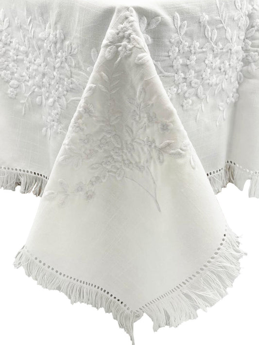 WHITE FRAYED EDGE EMB & HEMSTITCHED FLOWER TBLCLTH