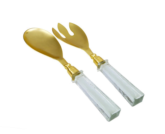 STAINLESS SALAD SERVERS WITH SQUARE GLASS HANDLE SET OF 2
