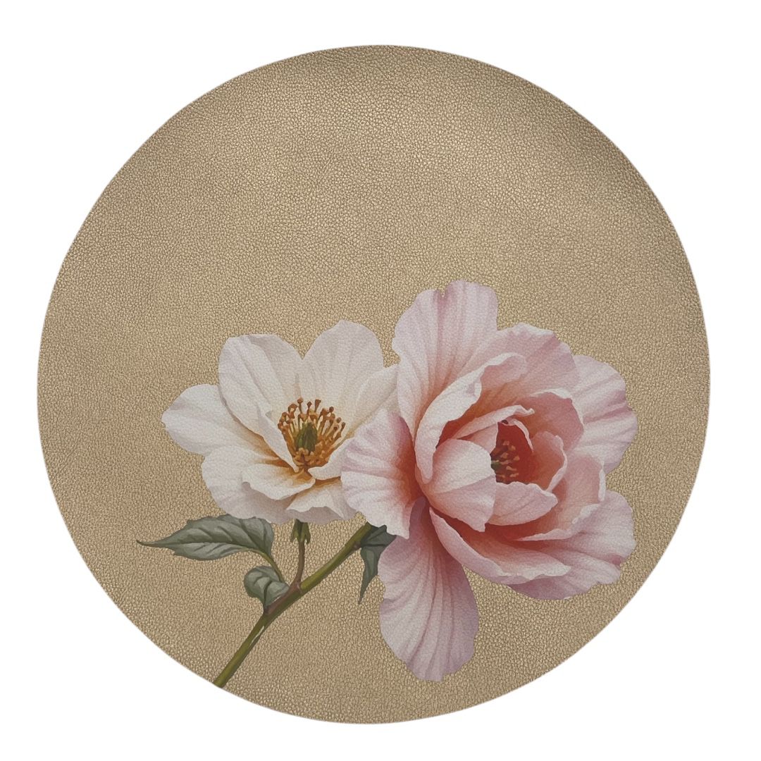 LEATHER CHARGER GLD WITH PINK FLOWER SET OF 4