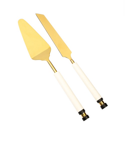 CAKE SERVERS GLD&WHITE STONE SET OF 2