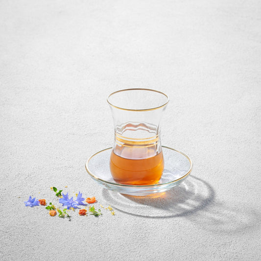 SET OF 6 TEA CUP WITH TRAY GOLD RIM 4 OZ